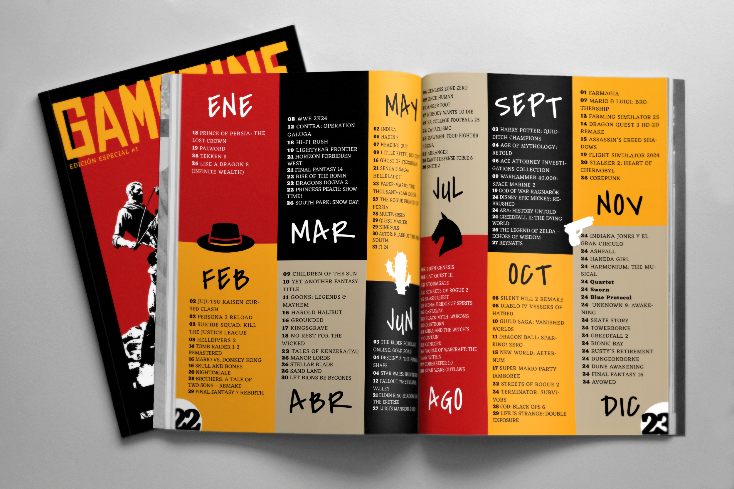 Doble página con calendario anual y portada Gamezine
